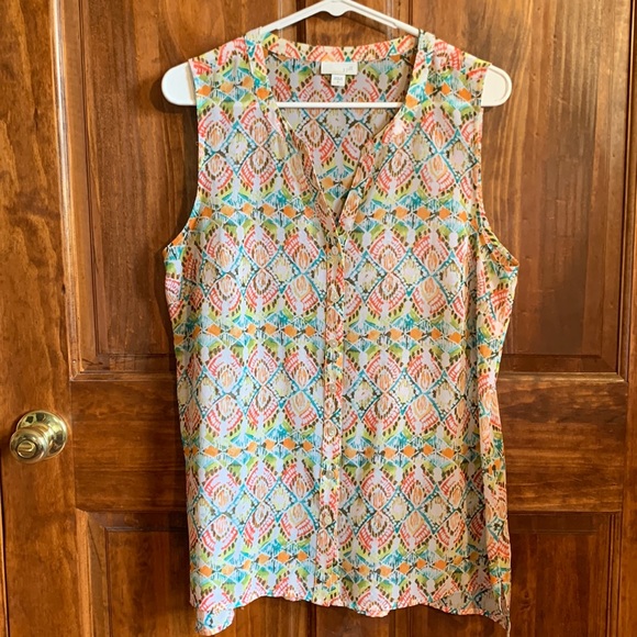 J. Jill sheer button-down sleeveless blouse with sweet print slinky and cool! M - Picture 1 of 8